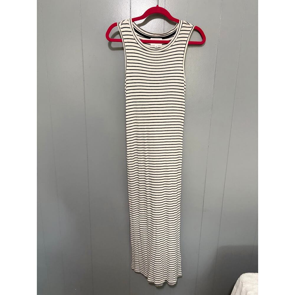 Olive & Oak White Navy Soft Striped Ribbed Knit Minimalist Tank Maxi Dress M